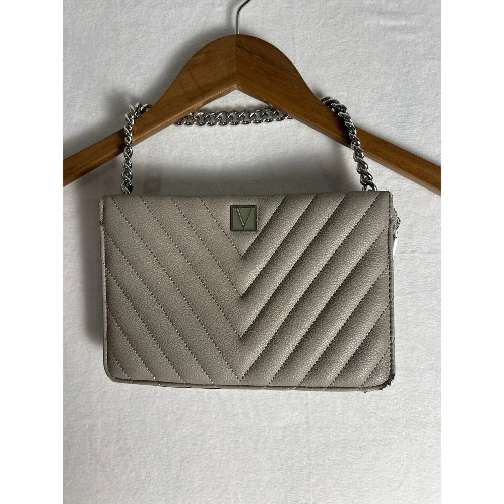 Victoria's Secret Hand Bag Sm Taupe V-Quilt Chain Strap Purse Preppy Chic